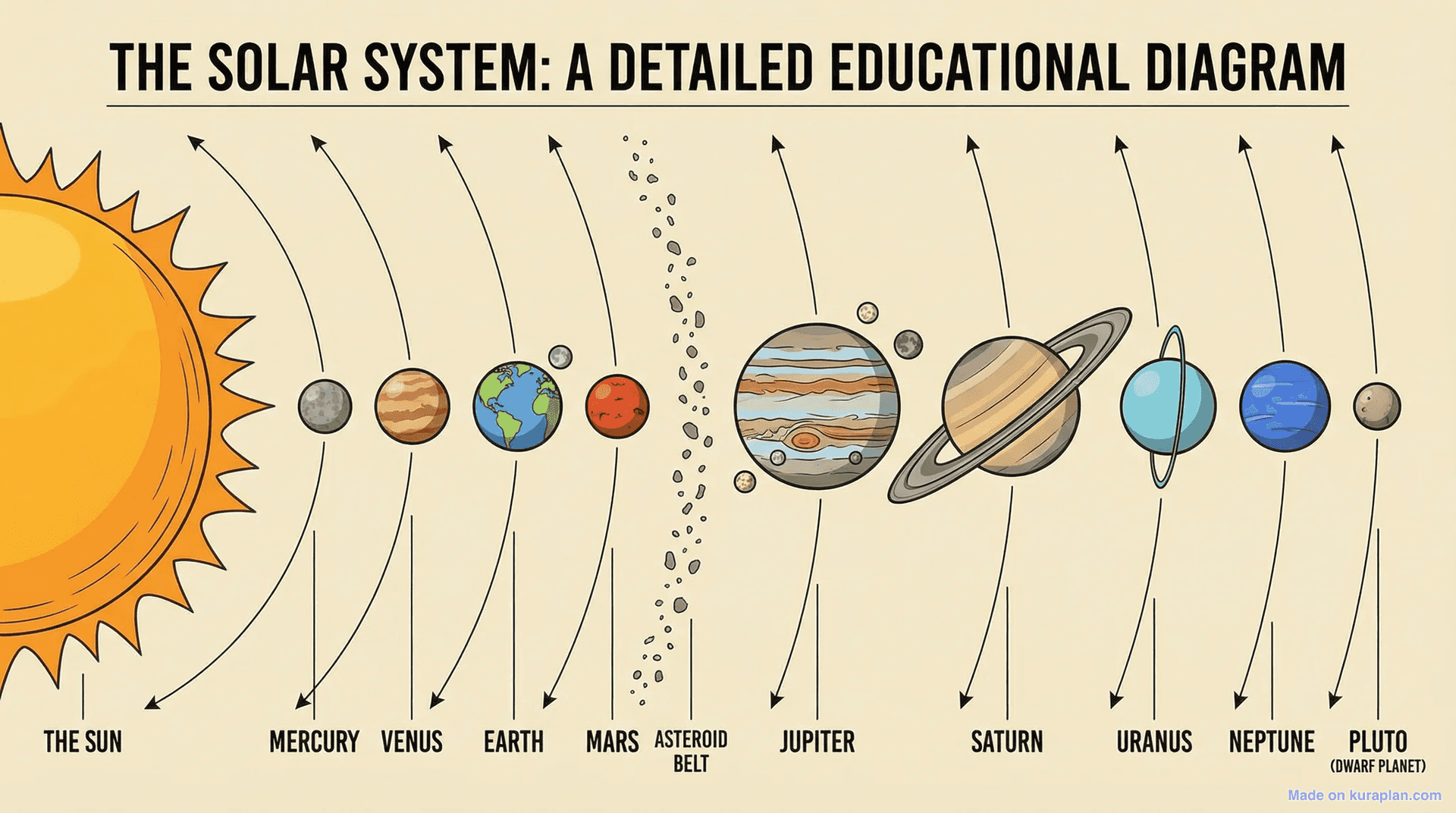 Solar system diagram showing all planets for astronomy education