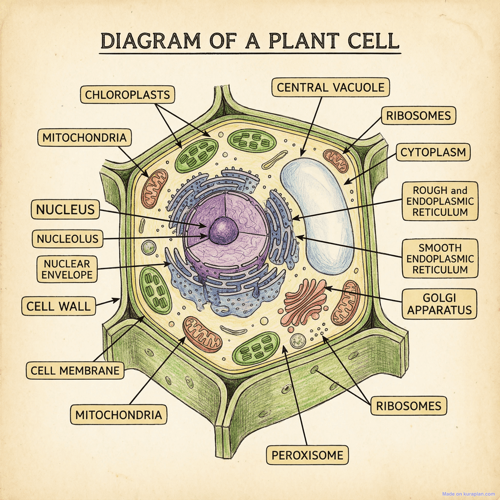 Plant cell diagram with labeled organelles for biology education