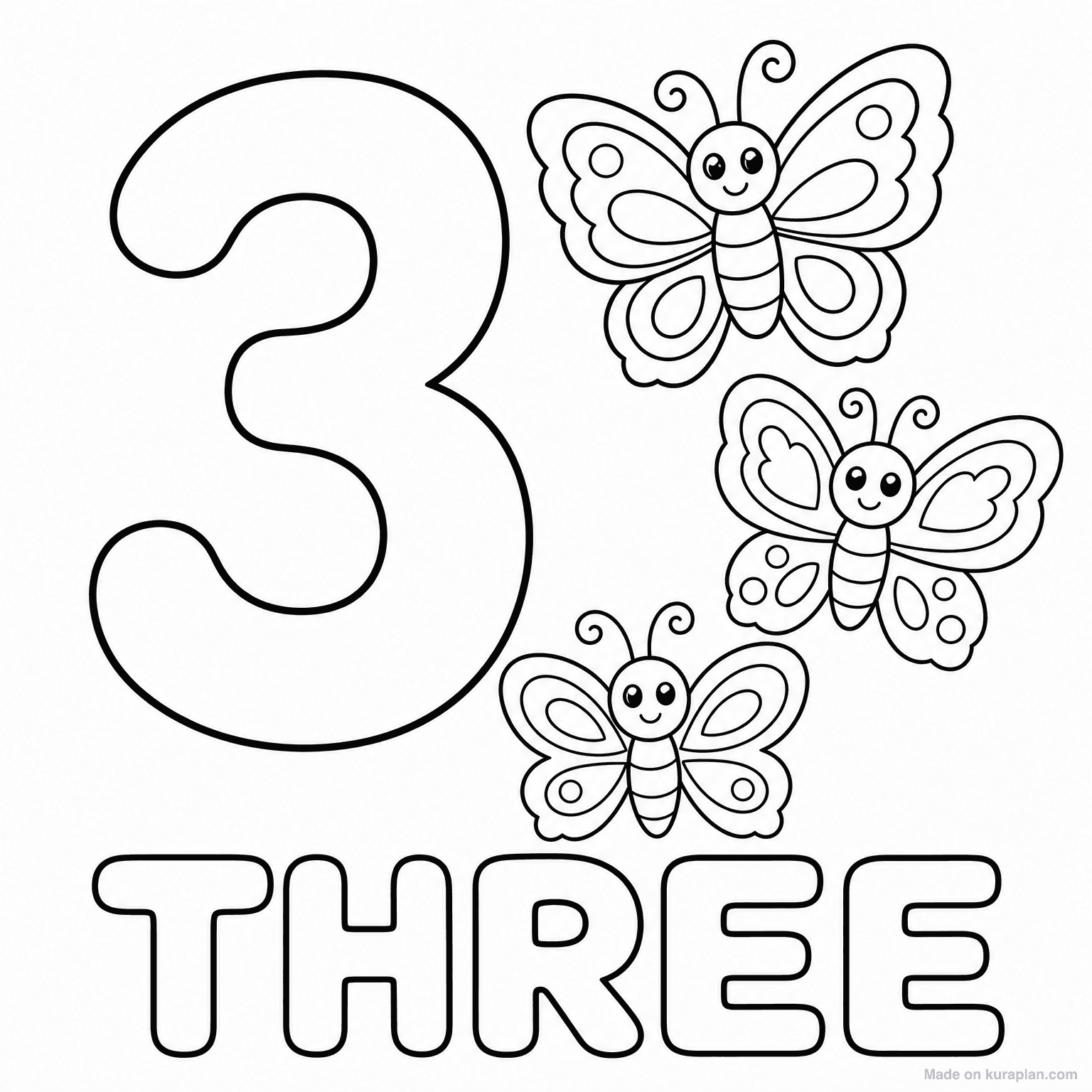 Number 3 - Three Butterflies — Coloring Page