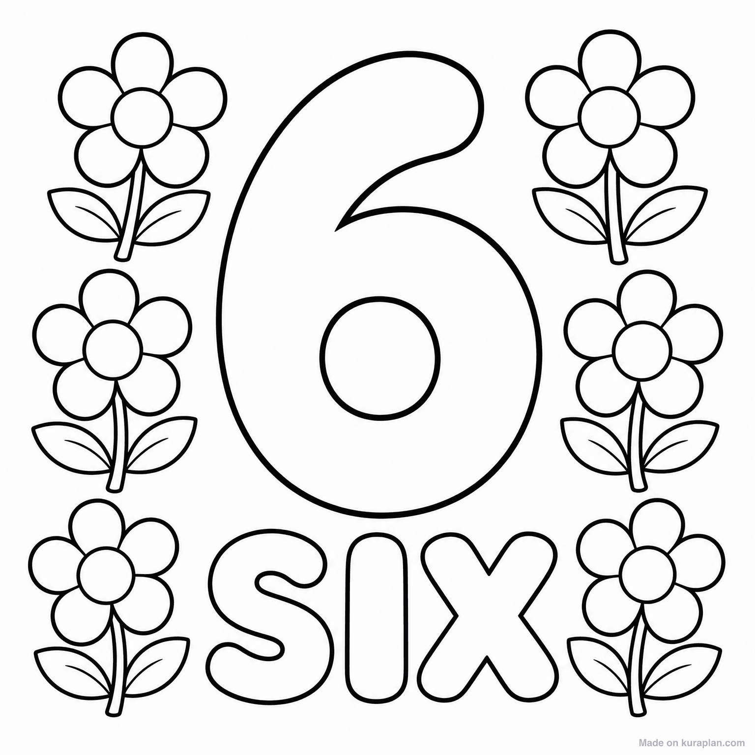 Number 6 - Six Flowers — Coloring Page