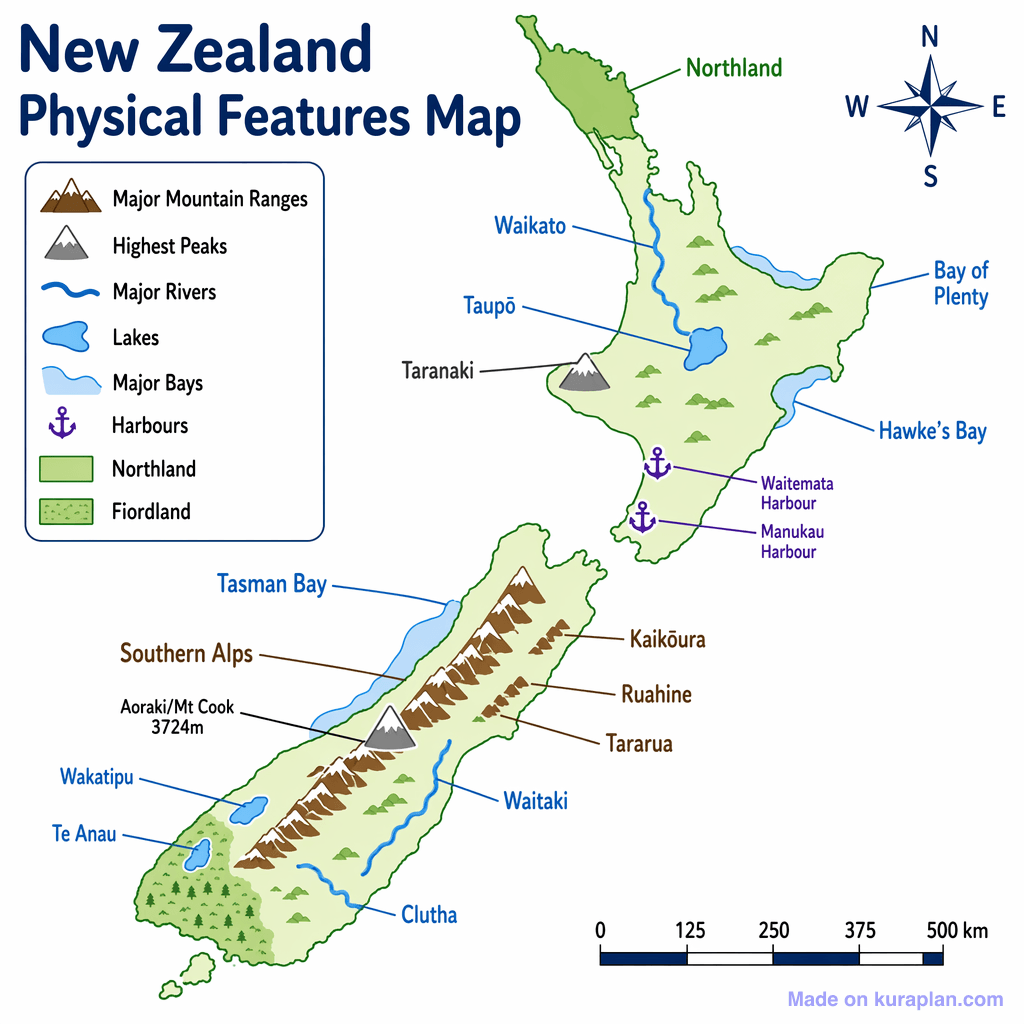 New Zealand Physical Features Map (simple)