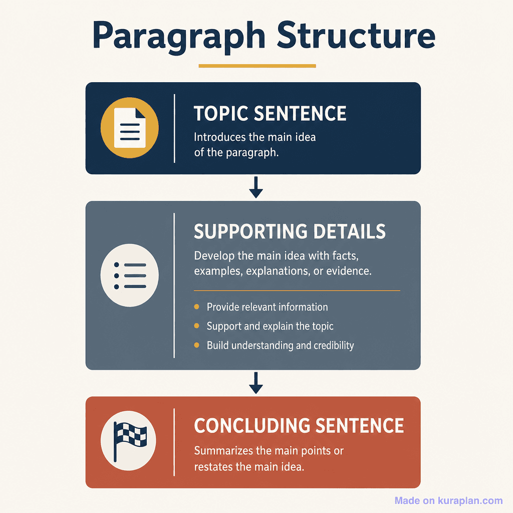 Paragraph structure (topic / details / conclusion)
