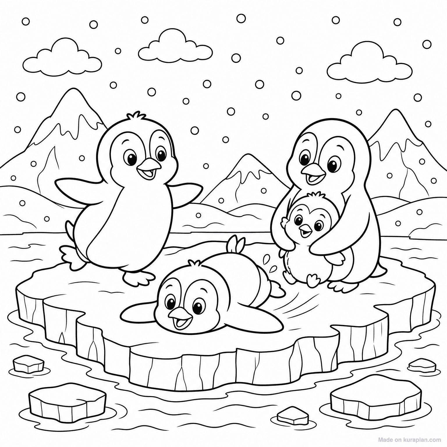 Penguin Family on Ice — Coloring Page