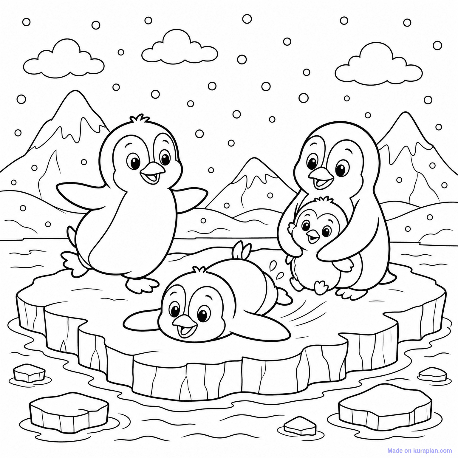 Penguin Family on Ice — Coloring Page