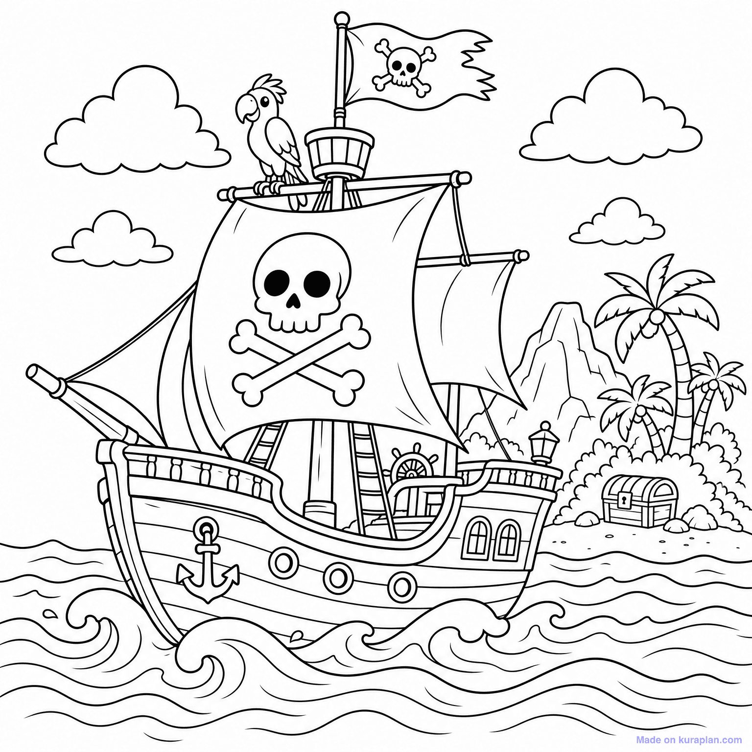 Pirate Ship on Sea — Coloring Page