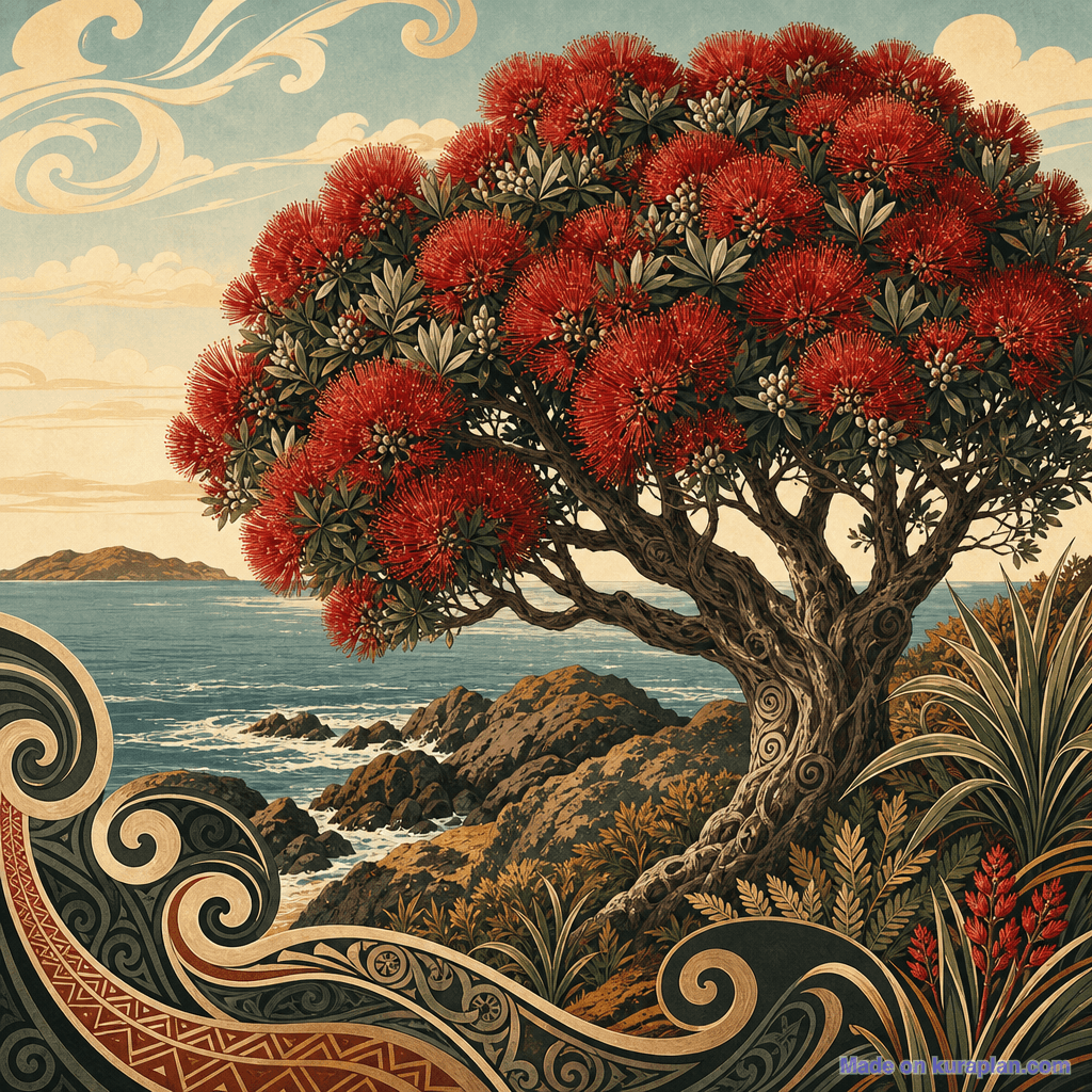 Pōhutukawa in red bloom by coast