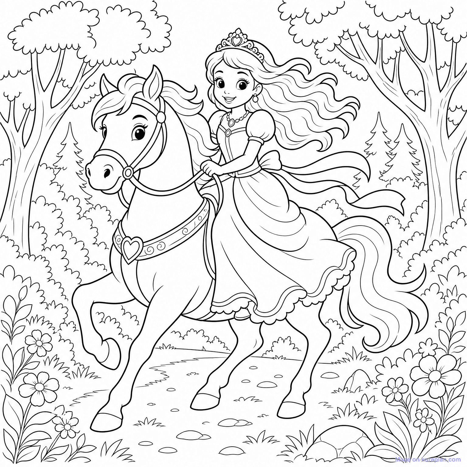 Princess Riding Horse — Coloring Page