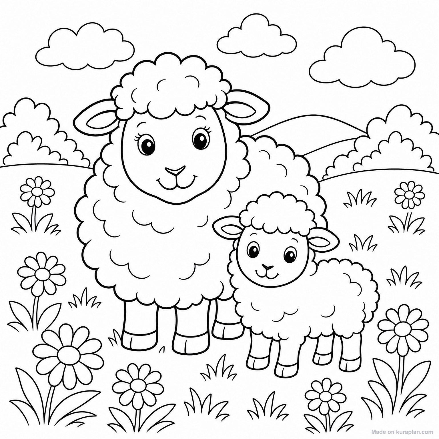 Sheep in Meadow — Coloring Page