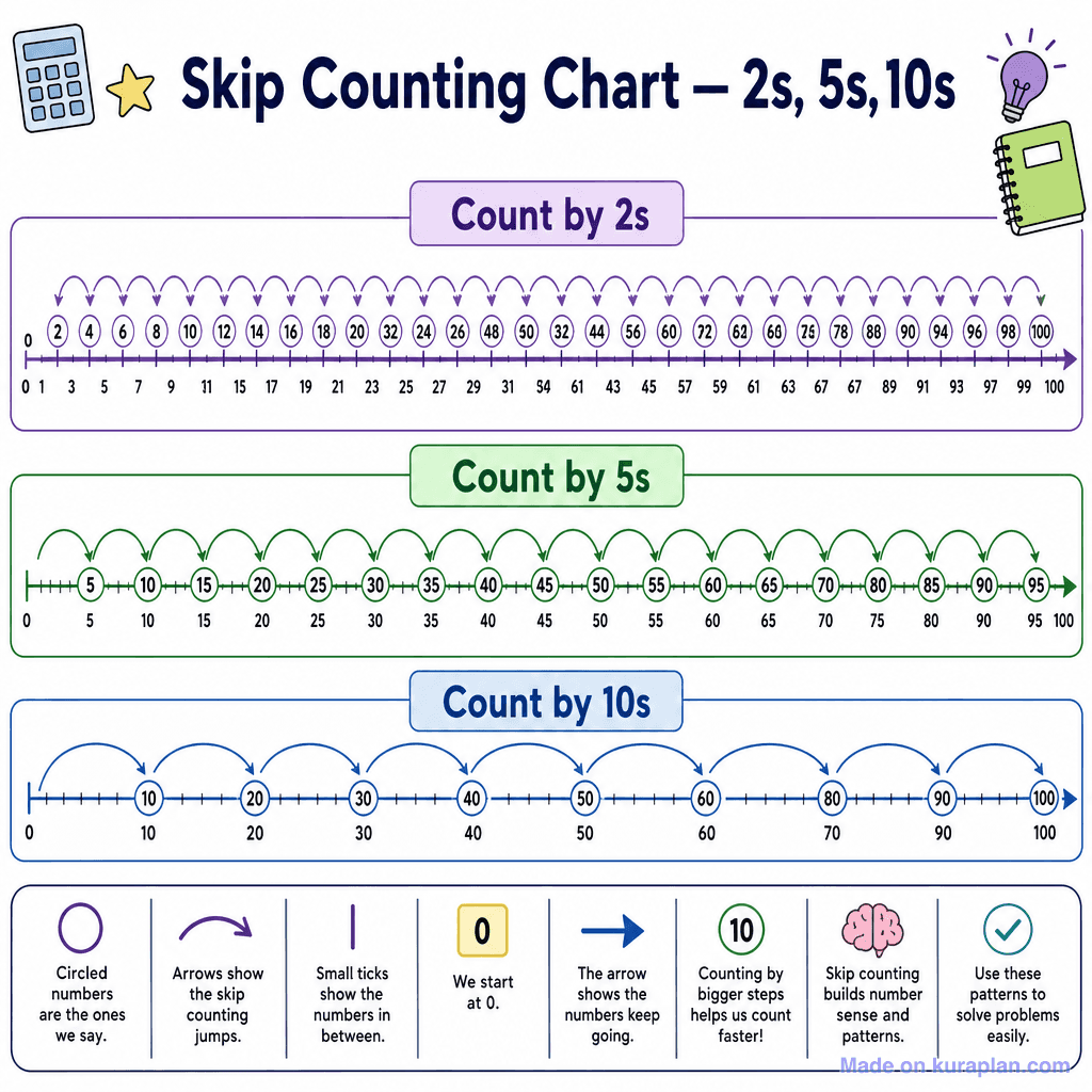 Skip Counting Chart — 2s, 5s, 10s (detailed)