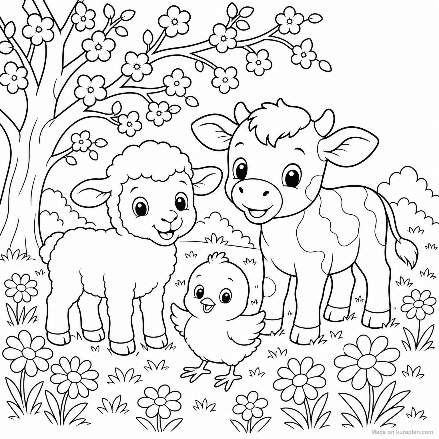 Baby Farm Animals in Spring — Coloring Page