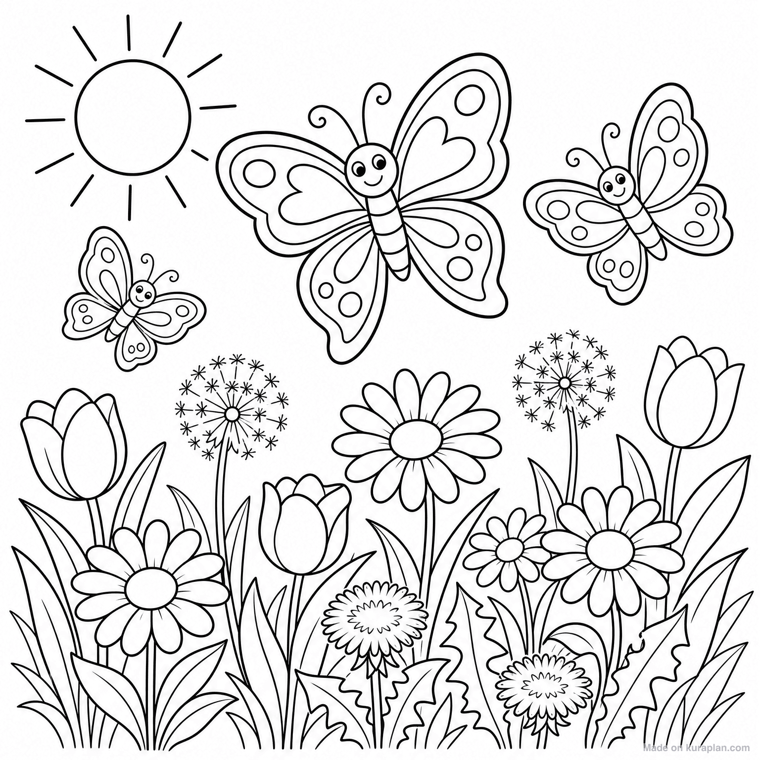 Butterflies and Spring Flowers — Coloring Page