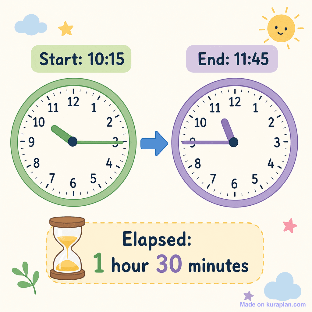 Time elapsed: two clocks 10:15 → 11:45
