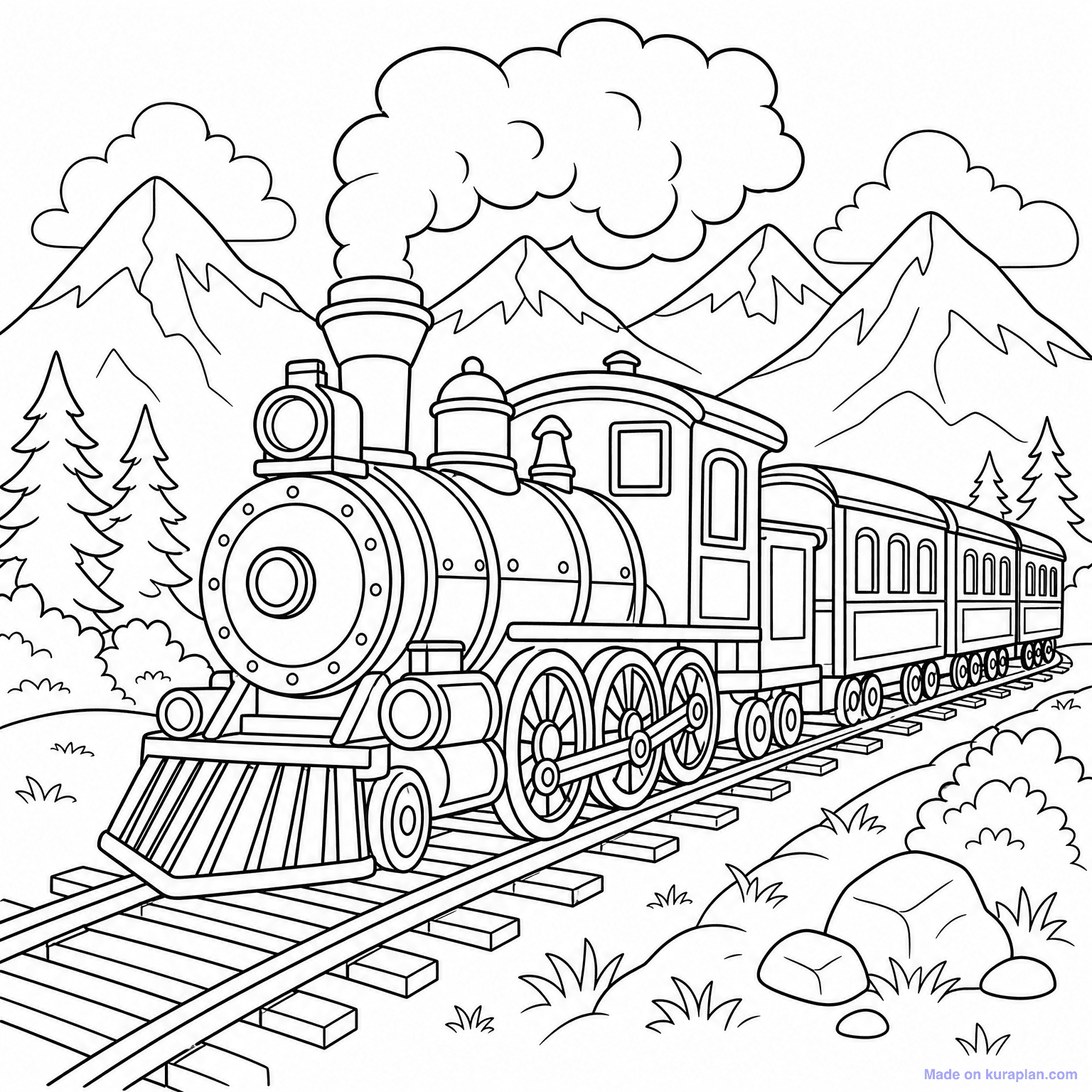 Steam Train on Tracks — Coloring Page
