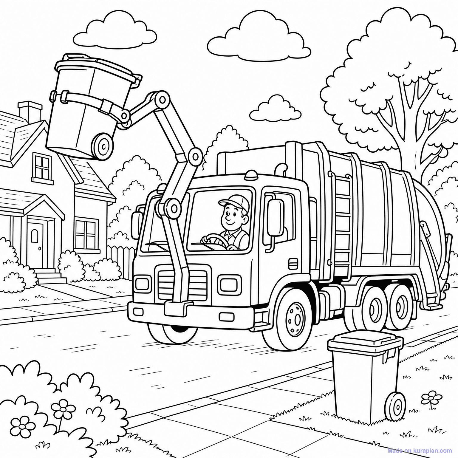 Garbage Truck Collecting — Coloring Page