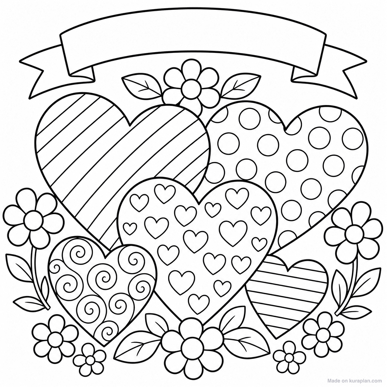Cluster of Patterned Hearts — Coloring Page