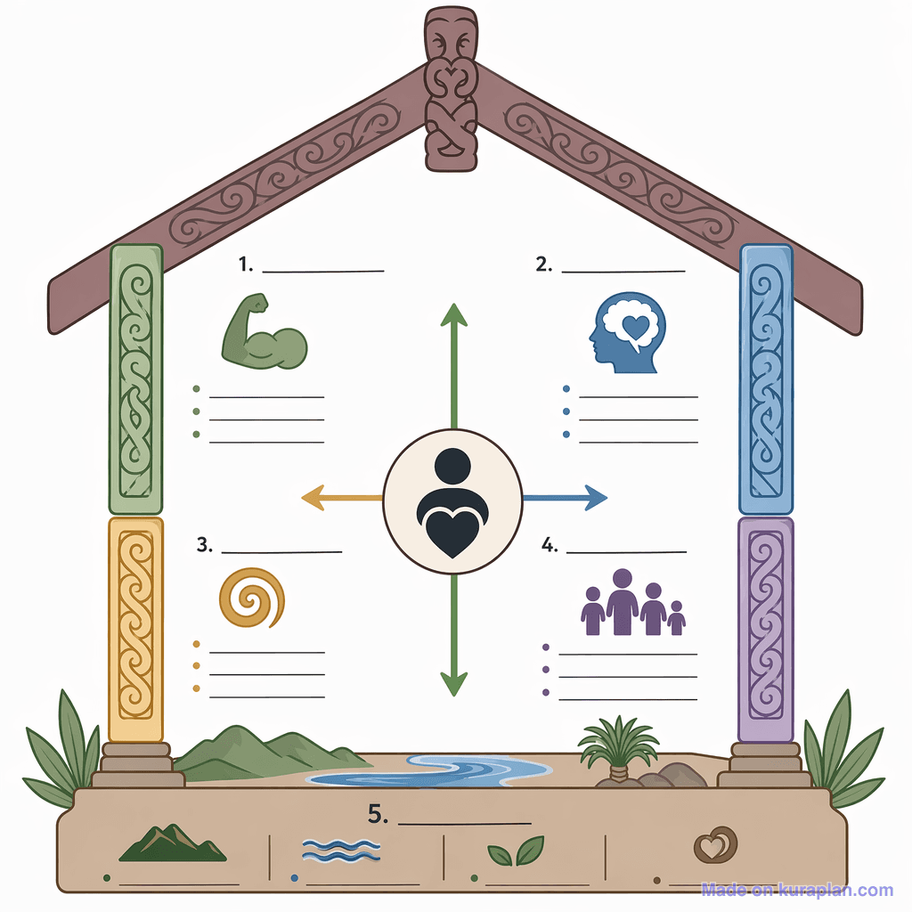 Whare Tapa Whā Wellbeing Model (detailed, unlabeled)