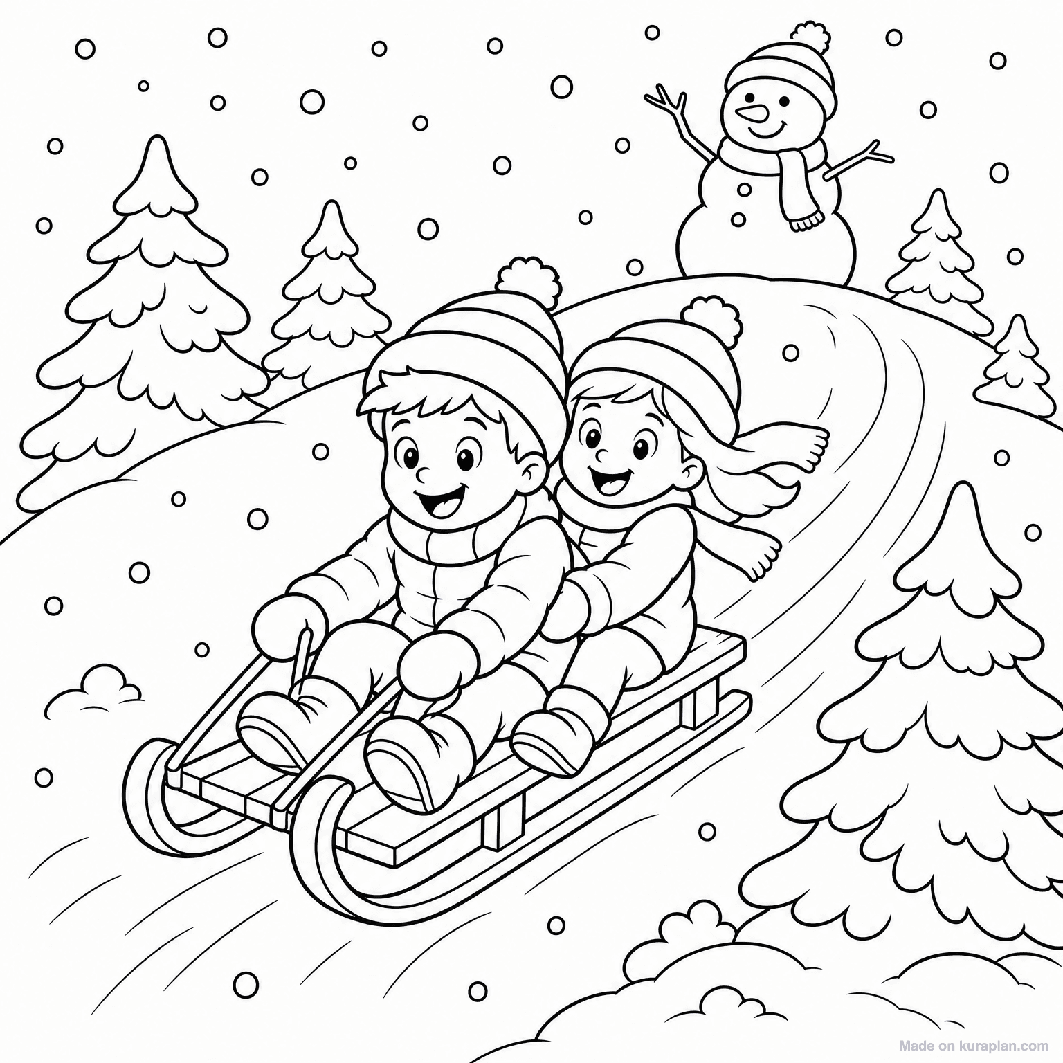 Kids Sledding Down Hill — Coloring Page