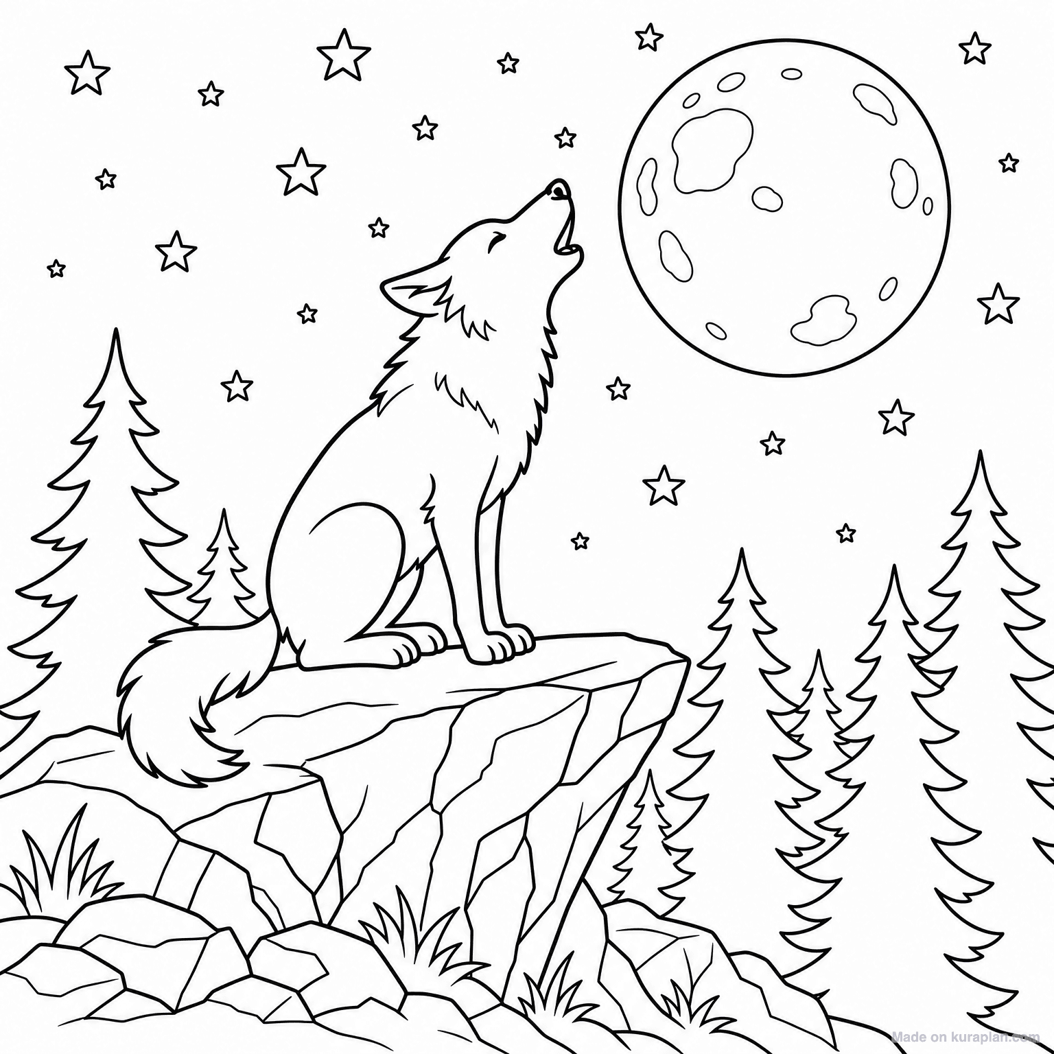 Wolf Howling at Moon — Coloring Page