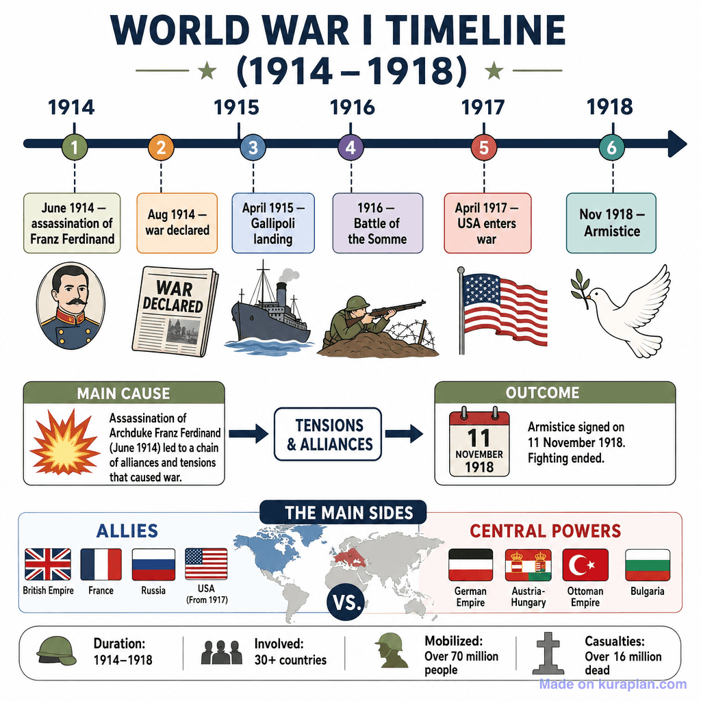 World War I Timeline (1914–1918) (detailed)