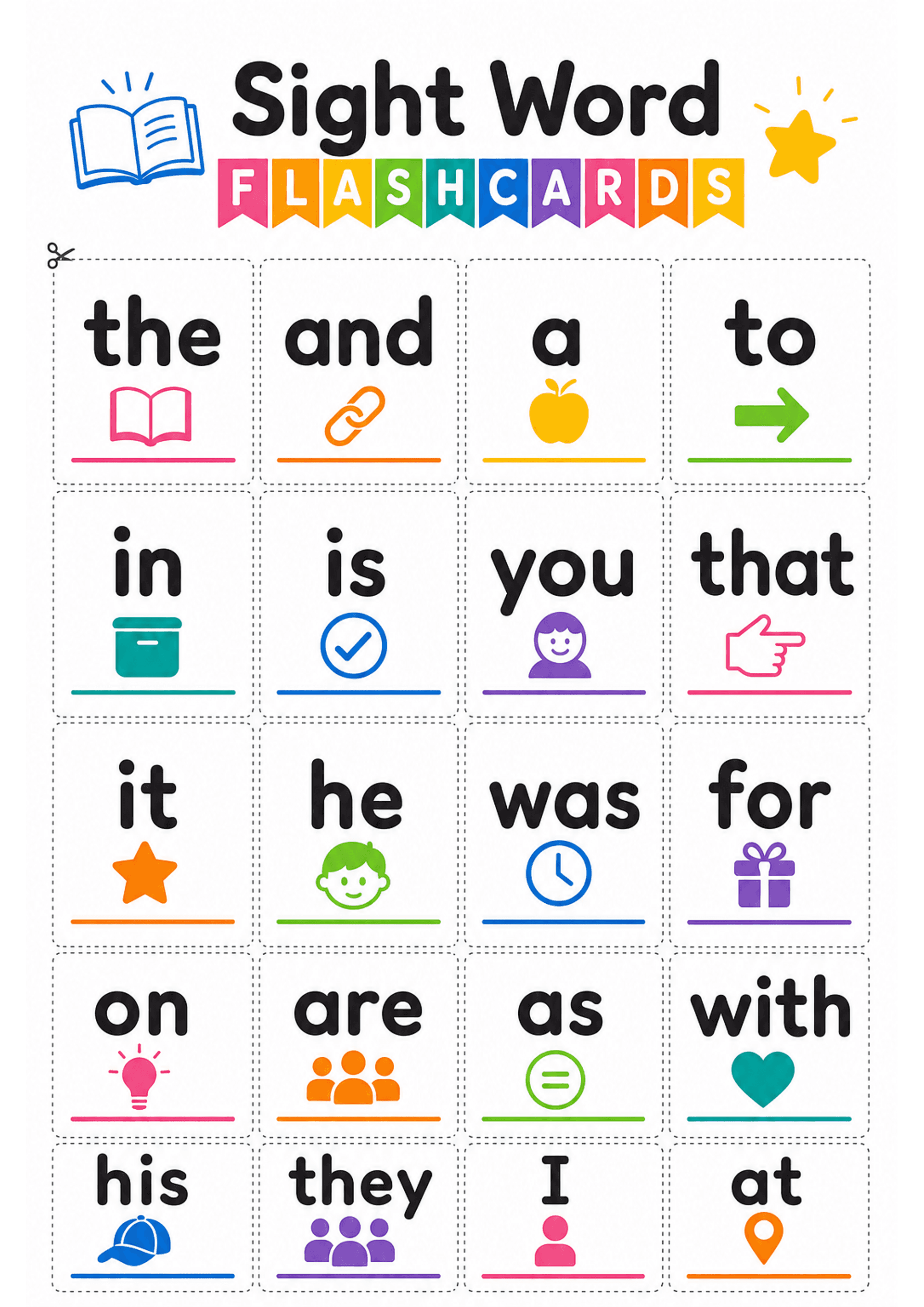 Sight Word Flashcards: A portrait A4 sheet titled 'Sight Word FLASHCARDS' with a colourful banner; a grid of dashed-line square cards (4 across) each containing one large sight word (e.g. the, and, a, to, in, is, you, that, it, he, was, for, on, are, as, with, his, they, I, at) in bold rounded lowercase (one uppercase 'I'), a small coloured icon below each word (book, link, apple, arrow, box, tick, person, pointing hand, star, clock, gift, heart, etc.), and a short coloured underline beneath th...