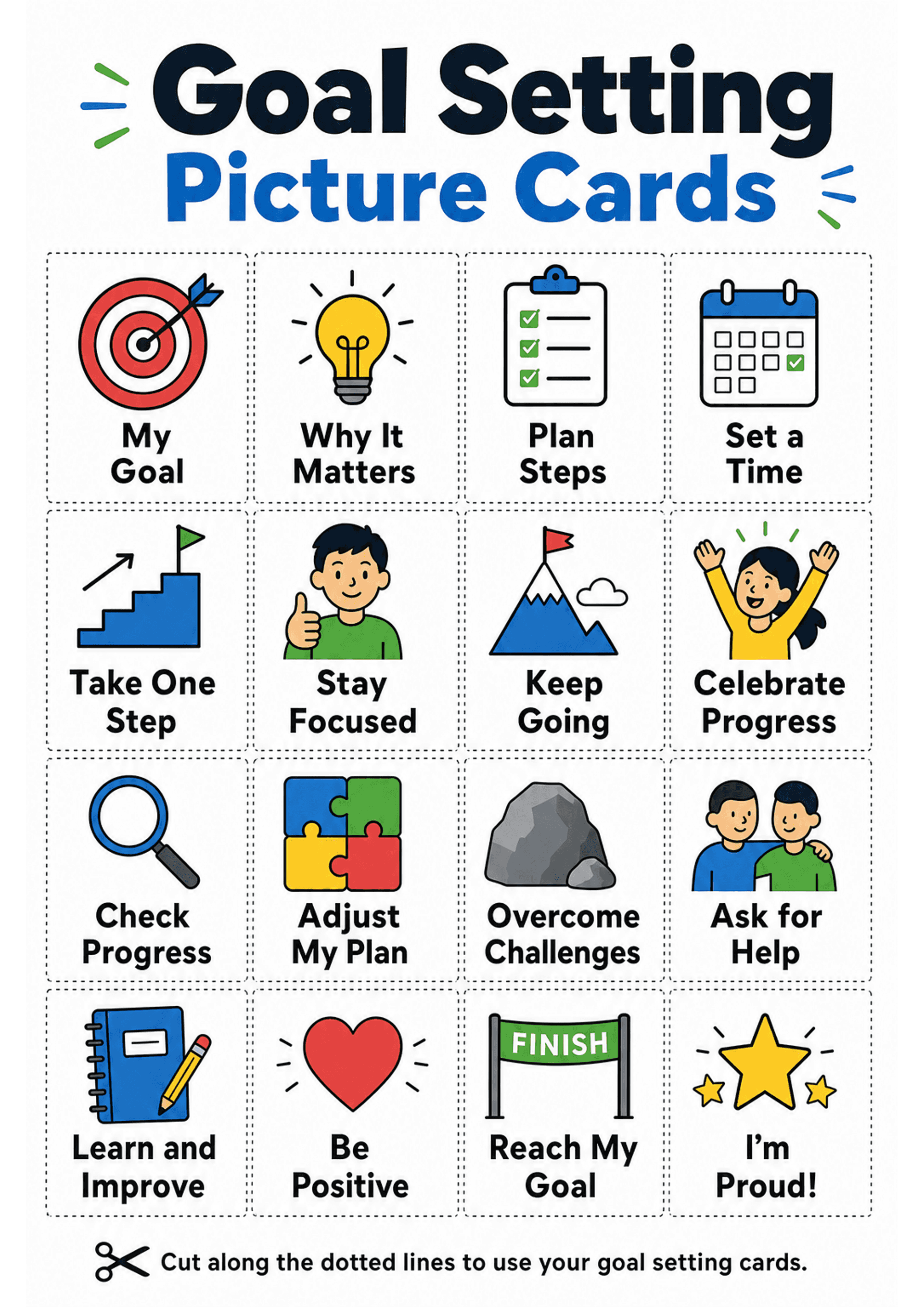 Goal Setting Picture Cards: A4 portrait page with large title 'Goal Setting Picture Cards' at the top; a 4x4 grid of square, dashed-line cut-out cards (16 total). Each card has a colourful icon and a short label: My Goal, Why It Matters, Plan Steps, Set a Time, Take One Step, Stay Focused, Keep Going, Celebrate Progress, Check Progress, Adjust My Plan, Overcome Challenges, Ask for Help, Learn and Improve, Be Positive, Reach My Goal, I'm Proud!. Bottom instruction line with scissor icon: 'Cut al...