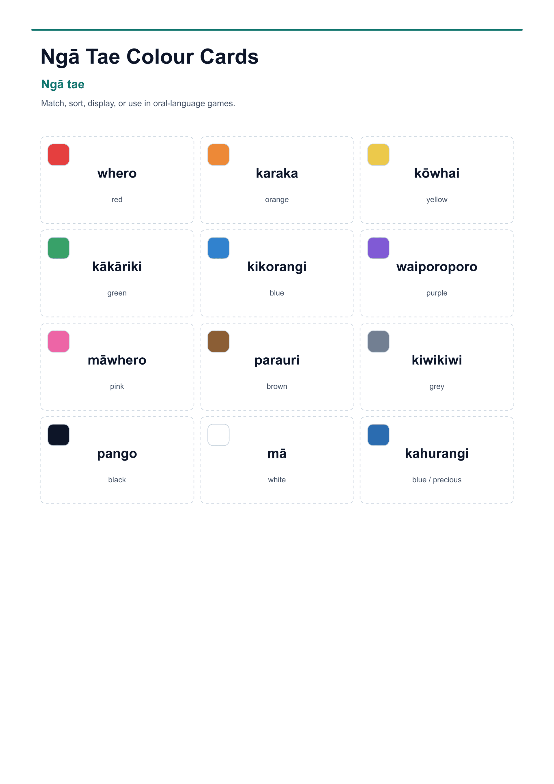 A4 sheet of te reo Māori colour vocabulary cards with colour swatches.