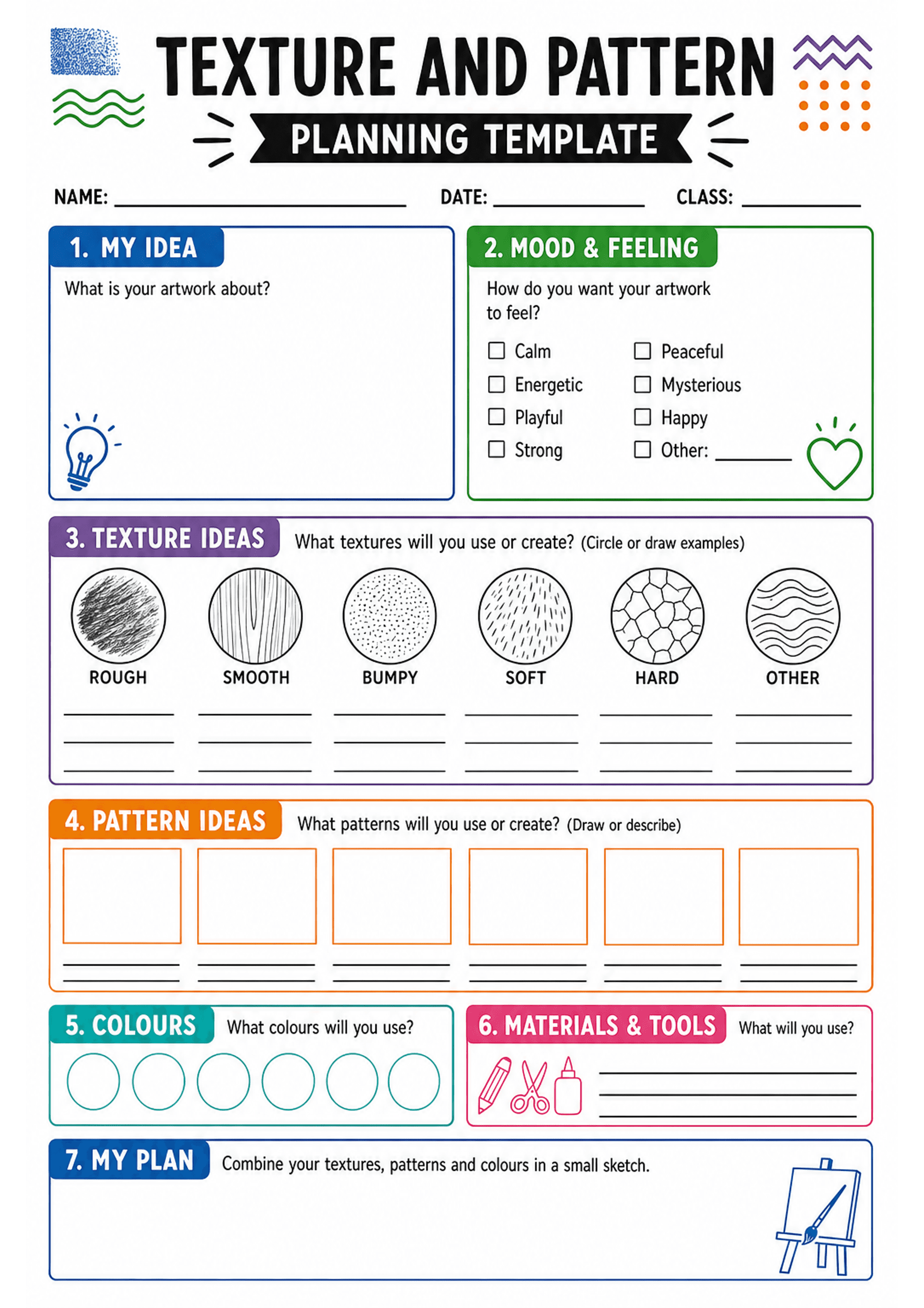 Texture and Pattern Planning Template: A4 portrait single-page layout with header 'TEXTURE AND PATTERN PLANNING TEMPLATE' and lines for name/date/class. Section 1 'My Idea' large blank box with prompt 'What is your artwork about?'. Section 2 'Mood & Feeling' with checkboxes (Calm, Energetic, Playful, Strong, Peaceful, Mysterious, Happy, Other). Section 3 'Texture Ideas' shows labelled circular texture icons (Rough, Smooth, Bumpy, Soft, Hard, Other) with lines beneath for notes. Section 4 'Patte...