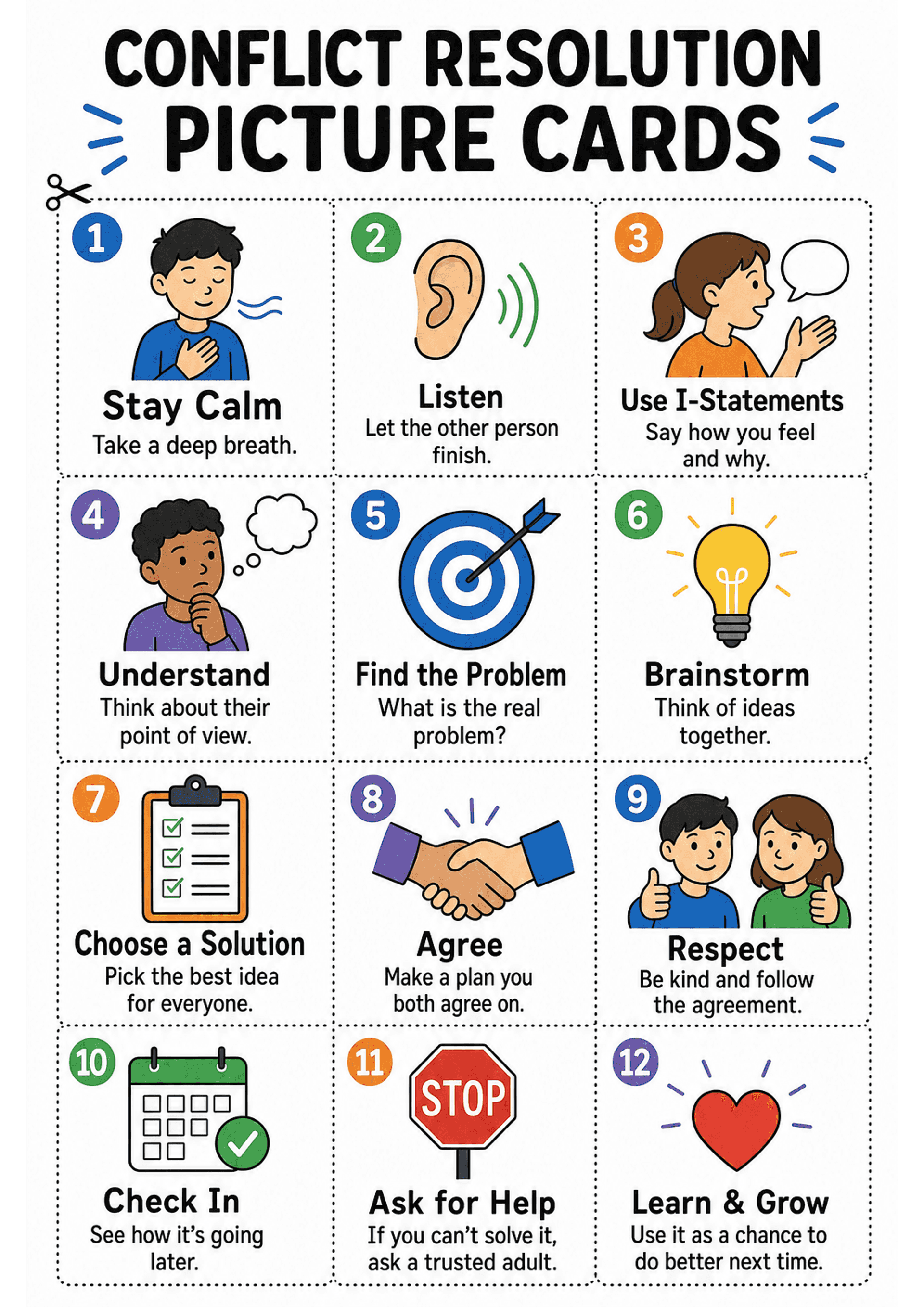 Conflict Resolution Picture Cards: A4 portrait page titled 'CONFLICT RESOLUTION PICTURE CARDS' with dotted cut lines dividing the page into 12 numbered squares; each square has a coloured number badge (1–12), a large icon (e.g. person calming, ear, speech bubble, thought cloud, target, lightbulb, checklist, handshake, thumbs up, calendar, stop sign, heart), a bold heading (e.g. 'Stay Calm', 'Listen', 'Use I‑Statements', 'Understand', 'Find the Problem', 'Brainstorm', 'Choose a Solution', 'Agree...