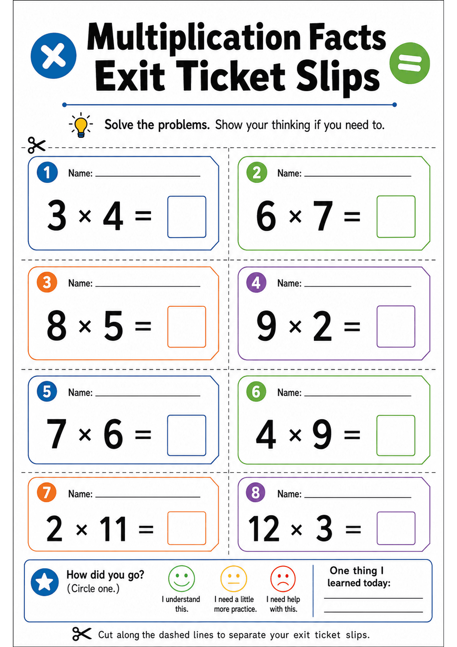 Multiplication Facts Exit Ticket Slips: Large heading 'Multiplication Facts Exit Ticket Slips', instruction 'Solve the problems. Show your thinking if you need to.' Scissors icon and dashed cut lines. Eight numbered, colour-framed rectangular slips arranged in two columns: each slip has 'Name:' line, a large multiplication expression (examples visible: 3×4, 6×7, 8×5, 9×2, 7×6, 4×9, 2×11, 12×3) and an empty square answer box. Bottom row contains a 'How did you go? (Circle one.)' self-assessment...