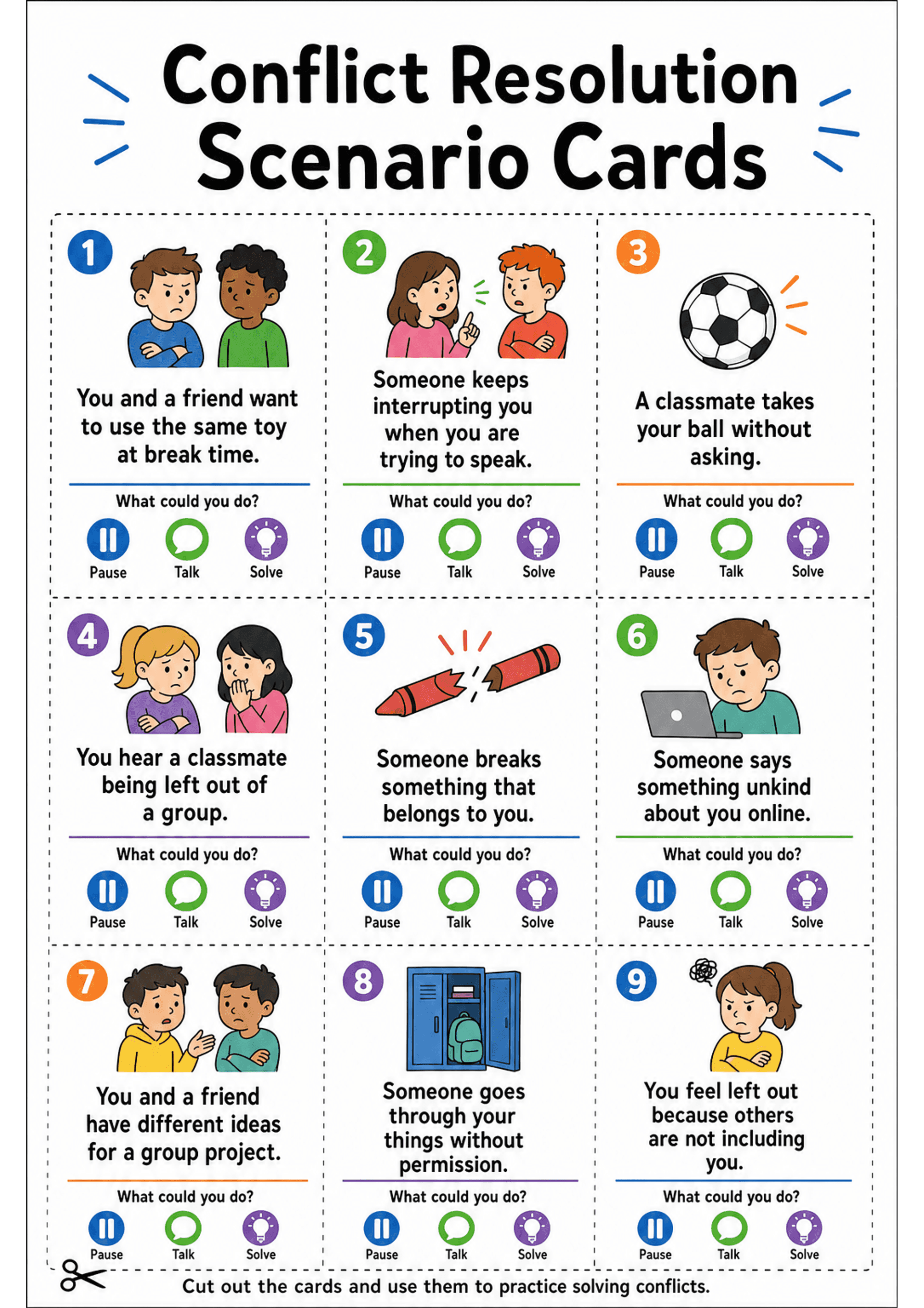 Conflict Resolution Scenario Cards: A4 portrait single sheet with a large title 'Conflict Resolution Scenario Cards' and a 3x3 grid of dashed-line rectangles to cut out. Each card is numbered in a coloured circle, shows a small full-colour illustration of children or objects, contains a one-sentence scenario (e.g. 'You and a friend want to use the same toy at break time.'), a 'What could you do?' prompt, a coloured rule, and three round icons at the bottom labelled 'Pause' (blue pause icon), 'T...