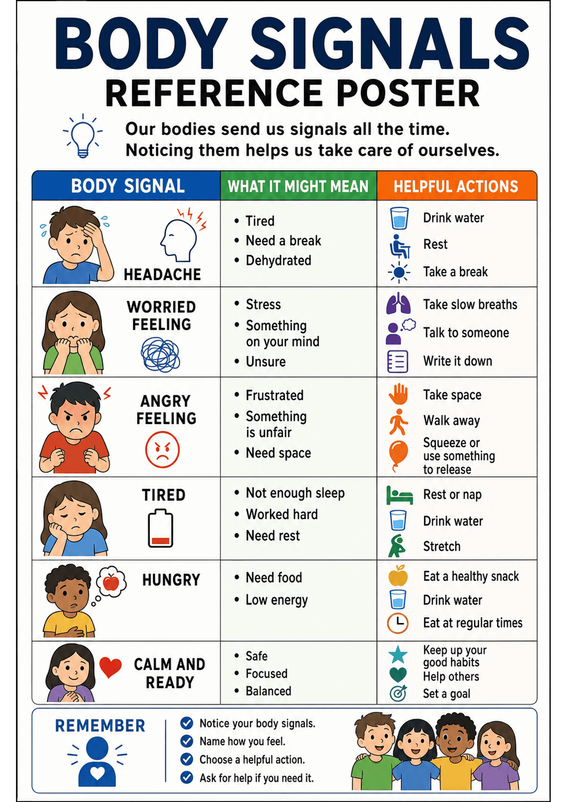 Body Signals Reference Poster: Large title and short subtitle; a three-column table with headers 'Body Signal', 'What It Might Mean' and 'Helpful Actions'; each row contains a cartoon child face (expression), a small icon, 2–4 bullet points describing likely reasons, and 2–3 short action suggestions with icons (e.g. drink water, rest, breathe, talk to someone, take space, eat a snack). Bottom section contains a boxed 'Remember' checklist (notice, name, choose action, ask for help) and a small g...