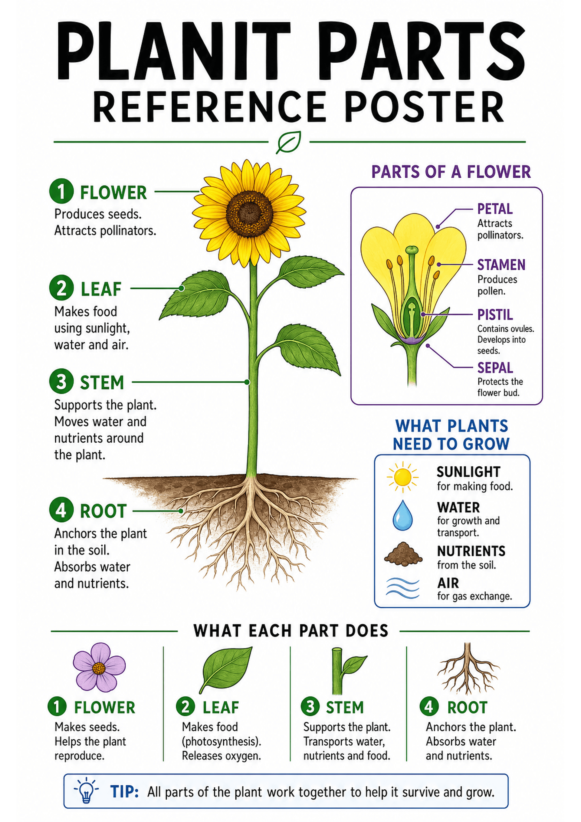 Plant Parts Reference Poster: Portrait A4 layout with a large central coloured sunflower diagram showing stem, leaves, flower and roots with numbered callouts (1 Flower, 2 Leaf, 3 Stem, 4 Root) and one‑line functions beside each. Right-side inset: boxed labelled diagram of a flower cross-section with arrows to Petal, Stamen, Pistil and Sepal and short descriptions. A separate boxed list of 'What plants need to grow' with icons for sunlight, water, nutrients and air. Lower row repeats 'What each...