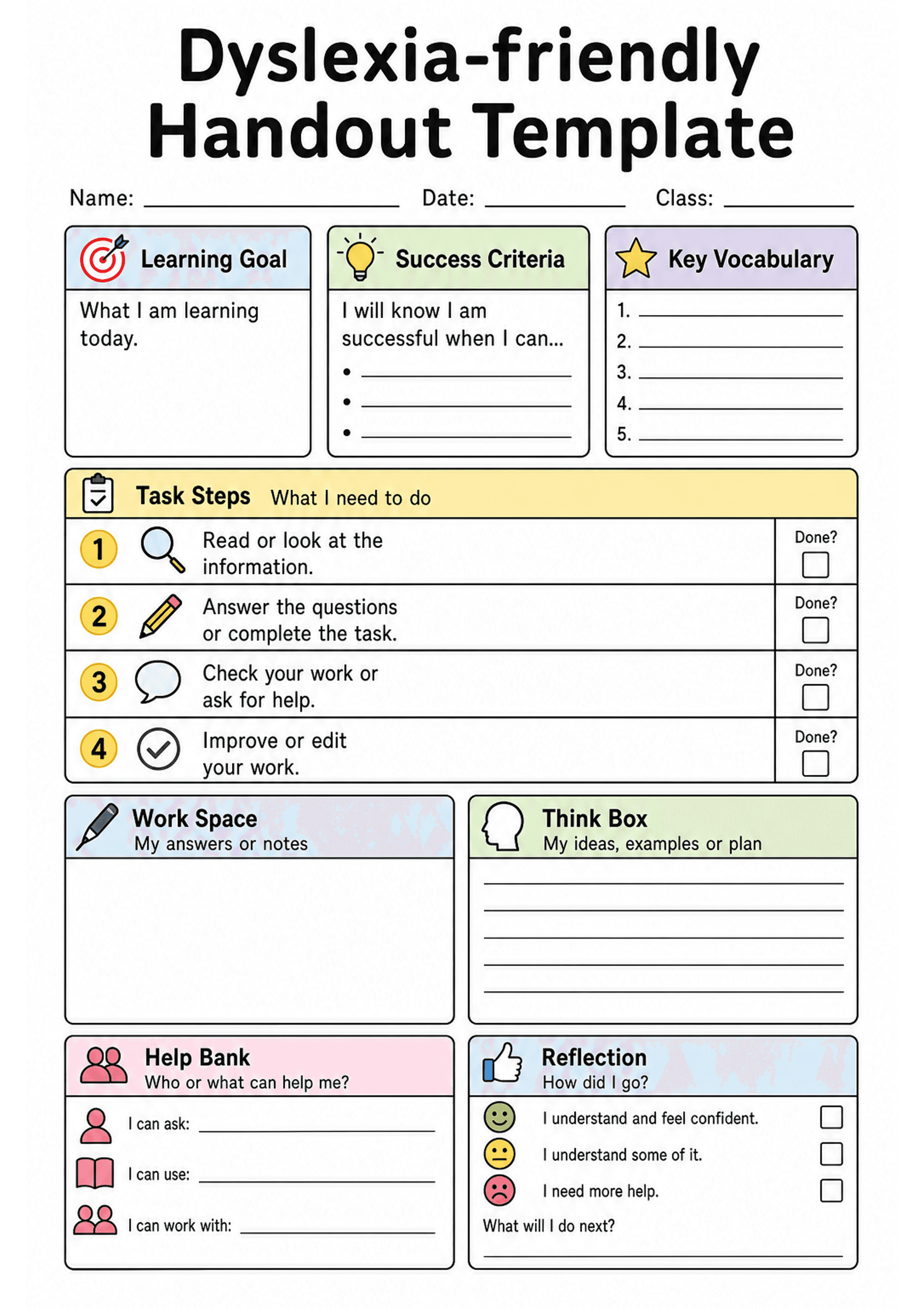 Dyslexia-friendly Handout Template: A4 portrait single page with large title and header fields for Name / Date / Class; three top boxes labeled 'Learning Goal', 'Success Criteria' (with three bullet lines) and 'Key Vocabulary' (numbered 1–5). A yellow 'Task Steps' horizontal area lists four numbered steps with icons and a 'Done?' checkbox for each: 1 Read/look, 2 Answer/complete, 3 Check/ask for help, 4 Improve/edit. Below are paired boxes: 'Work Space' (large blank area) and 'Think Box' (lined...
