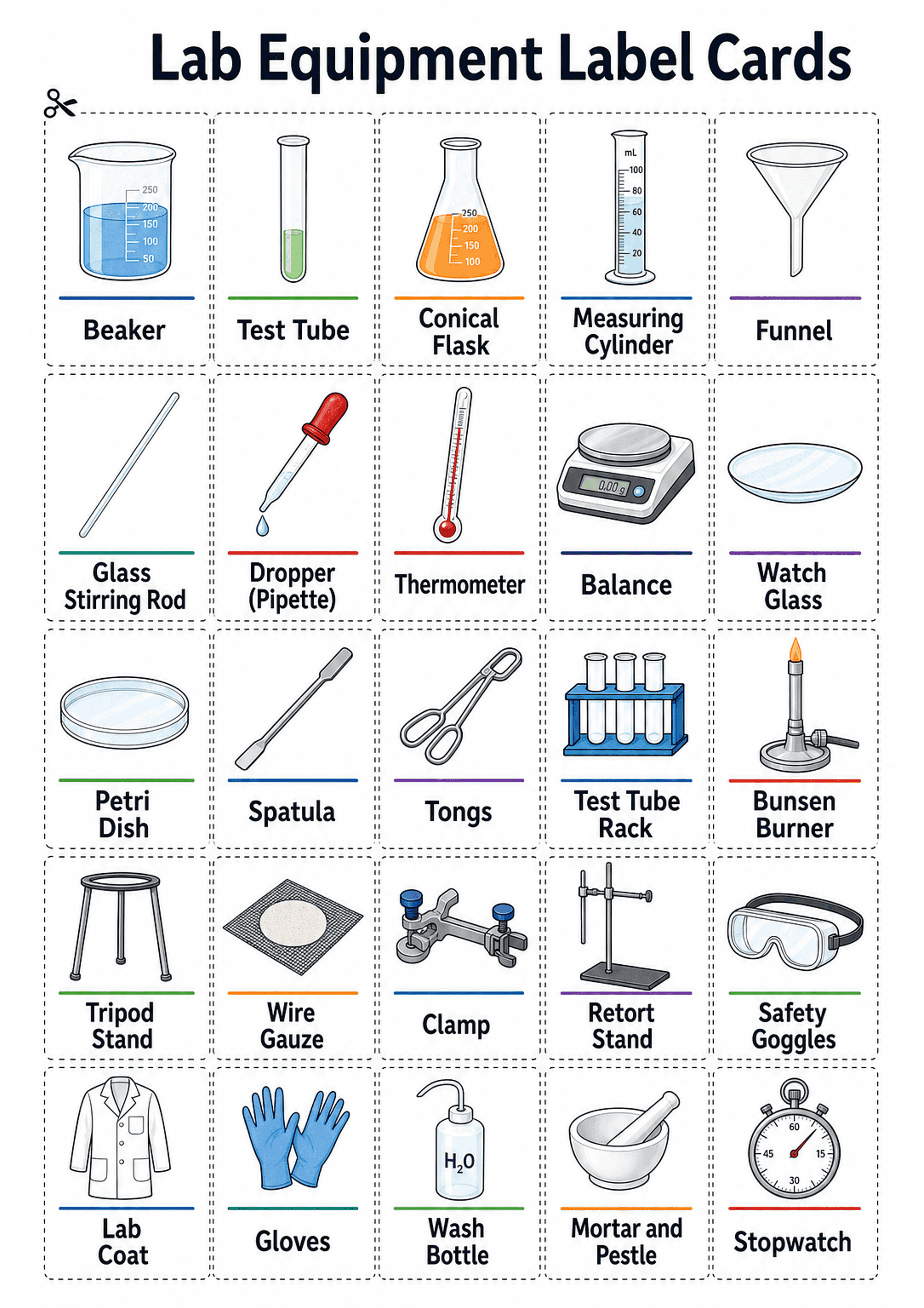 Lab Equipment Label Cards: Portrait A4 sheet titled 'Lab Equipment Label Cards' with a 4-column grid of rectangular cut-out cards (dashed borders and a scissors icon). Each card shows a coloured line drawing of apparatus above a bold short label (one or two words) and a thin coloured underline. Visible items include: Beaker, Test Tube, Conical Flask, Measuring Cylinder, Funnel, Glass Stirring Rod, Dropper (Pipette), Thermometer, Balance, Watch Glass, Petri Dish, Spatula, Tongs, Test Tube Rack,...