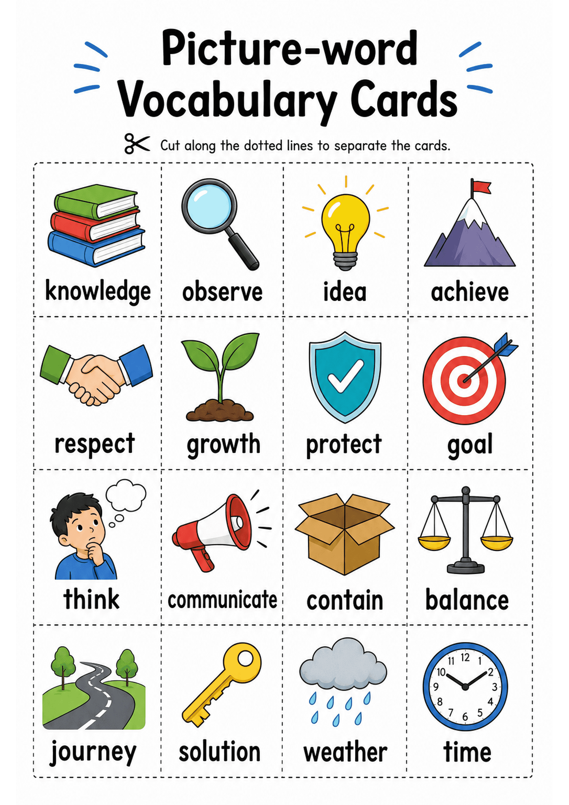 Picture-word Vocabulary Cards: A title at top 'Picture-word Vocabulary Cards' and instruction 'Cut along the dotted lines to separate the cards.' 4 × 4 grid (16 cards) of colourful cartoon icons with one word label under each image; dotted cut lines between and around cards; large rounded lowercase font. Words visible (sample): knowledge, observe, idea, achieve, respect, growth, protect, goal, think, communicate, contain, balance, journey, solution, weather, time.