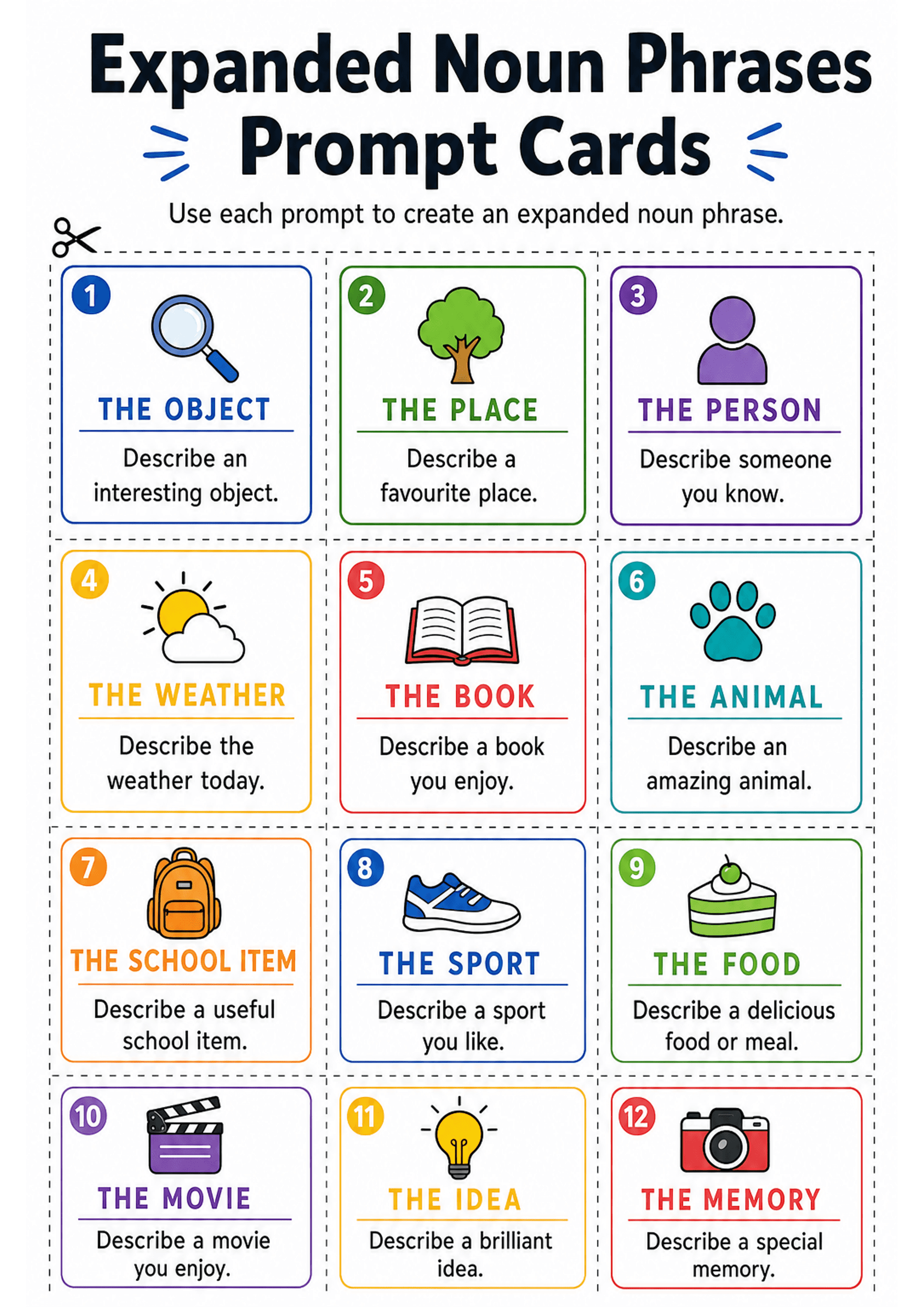 Expanded Noun Phrases Prompt Cards: A4 portrait header 'Expanded Noun Phrases Prompt Cards' with instruction line. Twelve rectangular, dashed-line cut-apart cards arranged in three columns × four rows. Each card shows: a numbered coloured circle, a simple icon (magnifying glass, tree, person, sun/cloud, book, paw, backpack, shoe, cake, clapperboard, lightbulb, camera), an uppercase title (e.g. 'THE OBJECT', 'THE PLACE'), a short underline, and a one-line prompt (e.g. 'Describe an interesting ob...