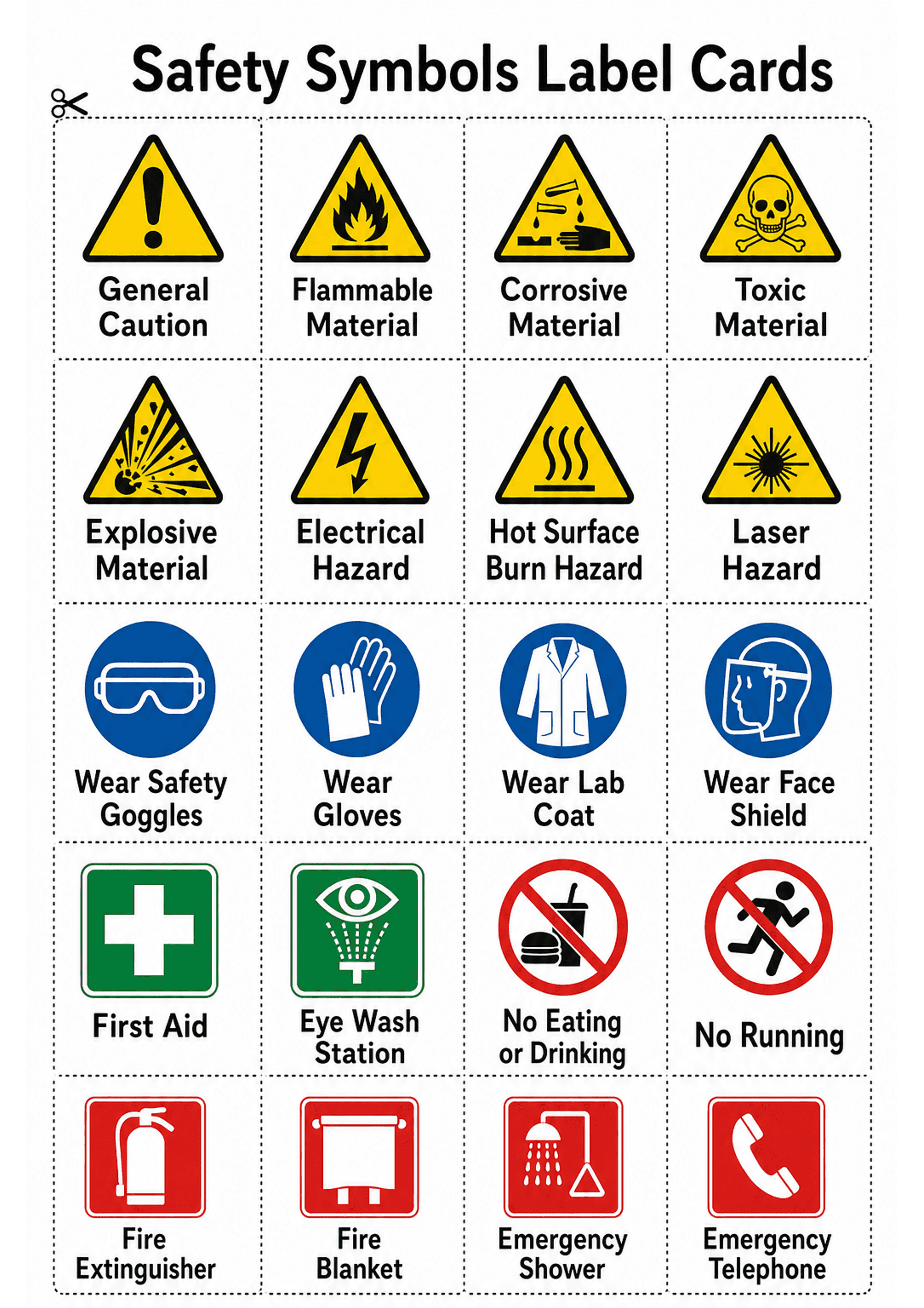 Safety Symbols Label Cards: A4 portrait sheet titled 'Safety Symbols Label Cards' with a 4-column grid of rectangular cards separated by dashed cut lines. Top rows show yellow triangular hazard icons with labels (General Caution, Flammable Material, Corrosive Material, Toxic Material, Explosive Material, Electrical Hazard, Hot Surface Burn Hazard, Laser Hazard). Middle rows show blue circular mandatory icons (Wear Safety Goggles, Wear Gloves, Wear Lab Coat, Wear Face Shield) and green safety/in...