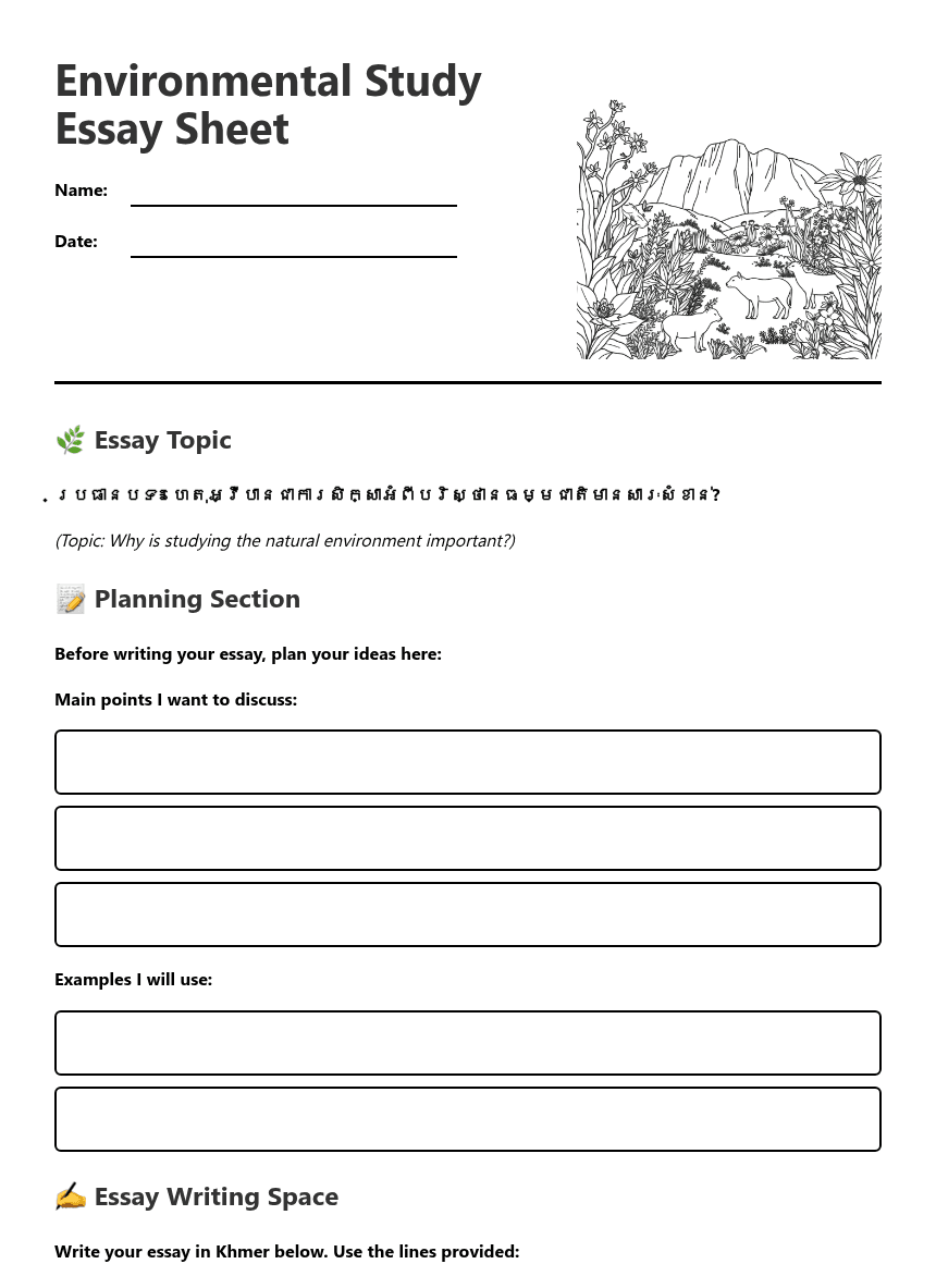 Environmental Study Essay Sheet worksheet preview