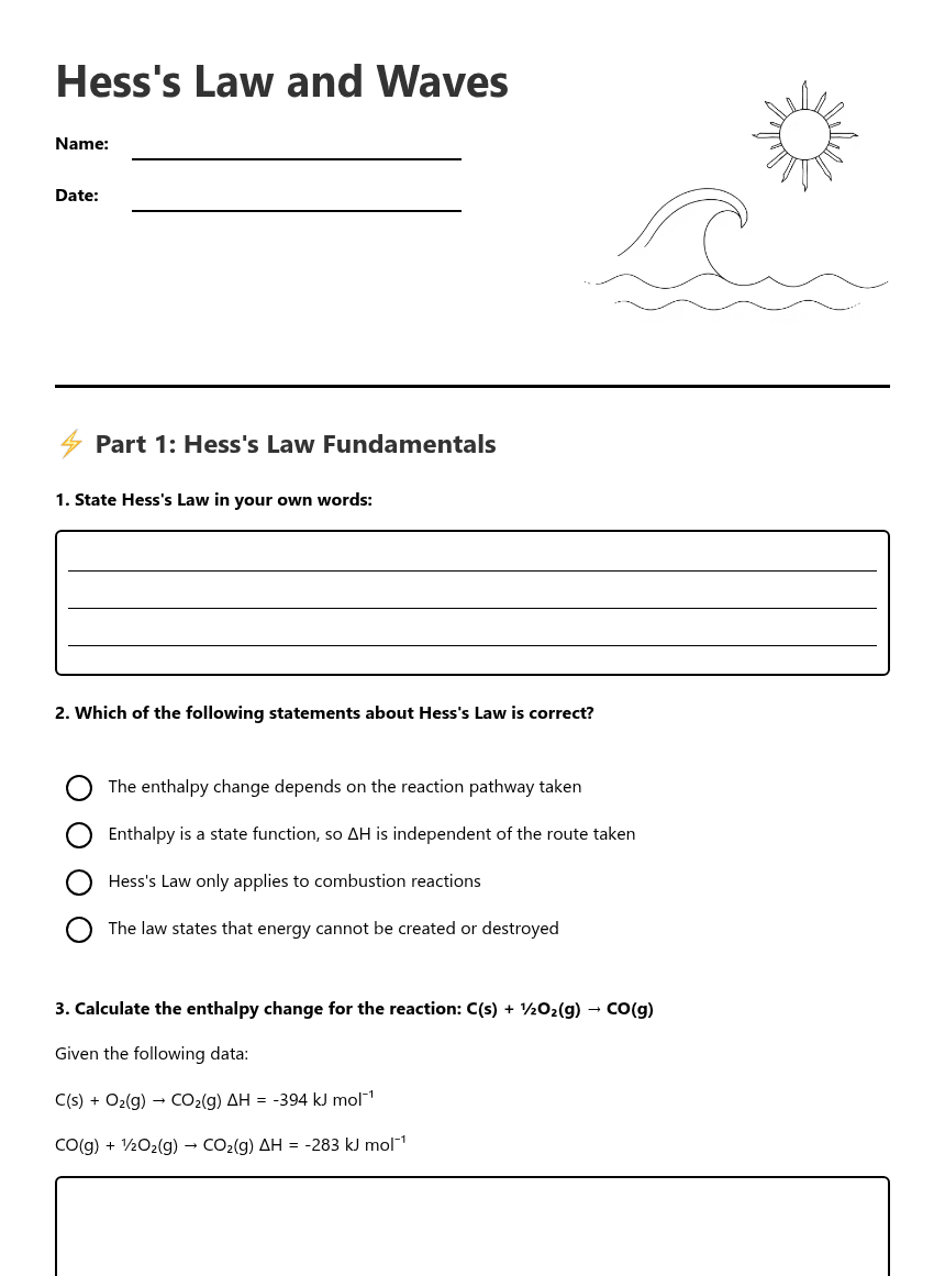 Hess's Law and Waves worksheet preview