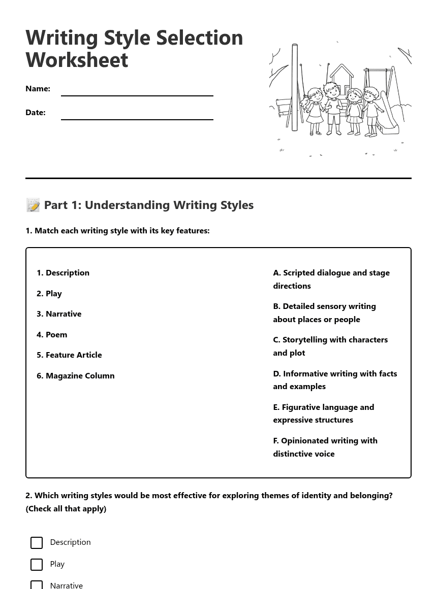 Writing Style Selection Worksheet worksheet preview