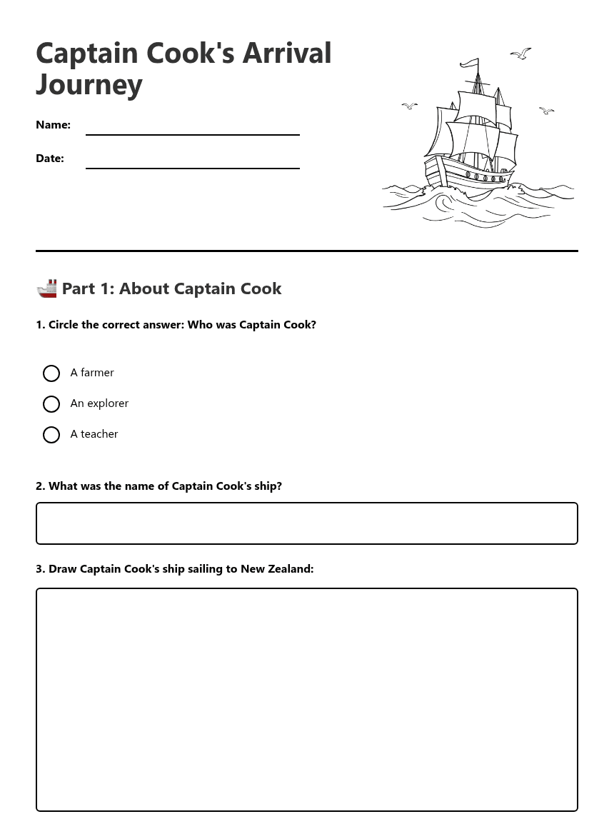 Captain Cook's Arrival Journey worksheet preview