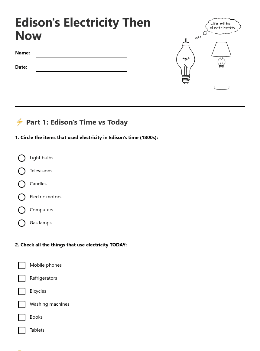 Edison's Electricity Then Now worksheet preview