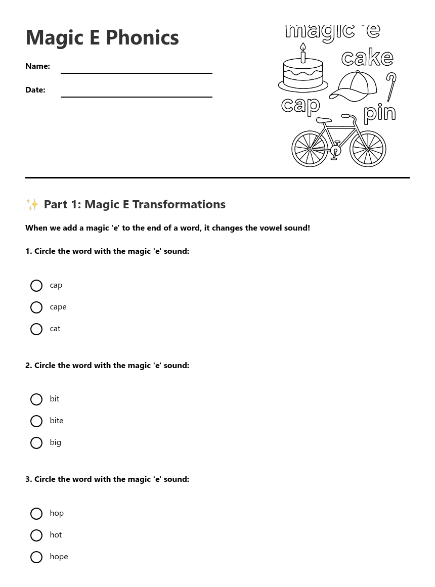 Magic E Phonics worksheet preview