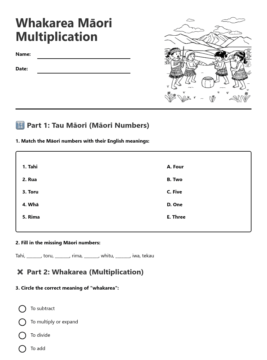 Whakarea Māori Multiplication worksheet preview