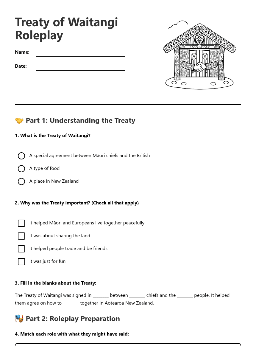 Treaty of Waitangi Roleplay worksheet preview
