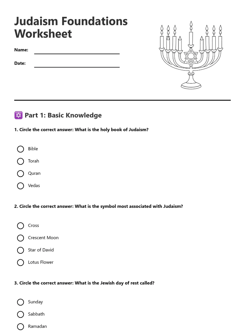 Judaism Foundations Worksheet