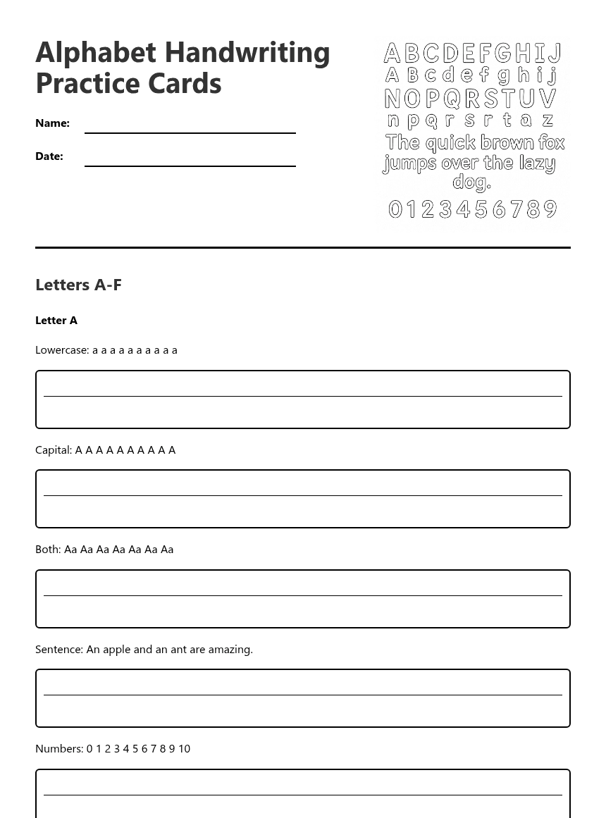 Alphabet Handwriting Practice Cards worksheet preview