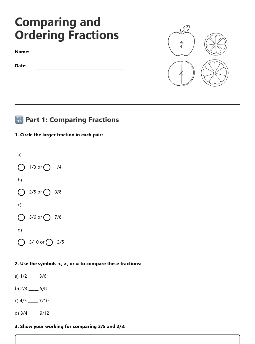 Comparing and Ordering Fractions worksheet preview