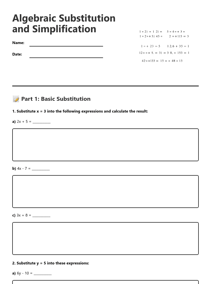 Algebraic Substitution and Simplification worksheet preview
