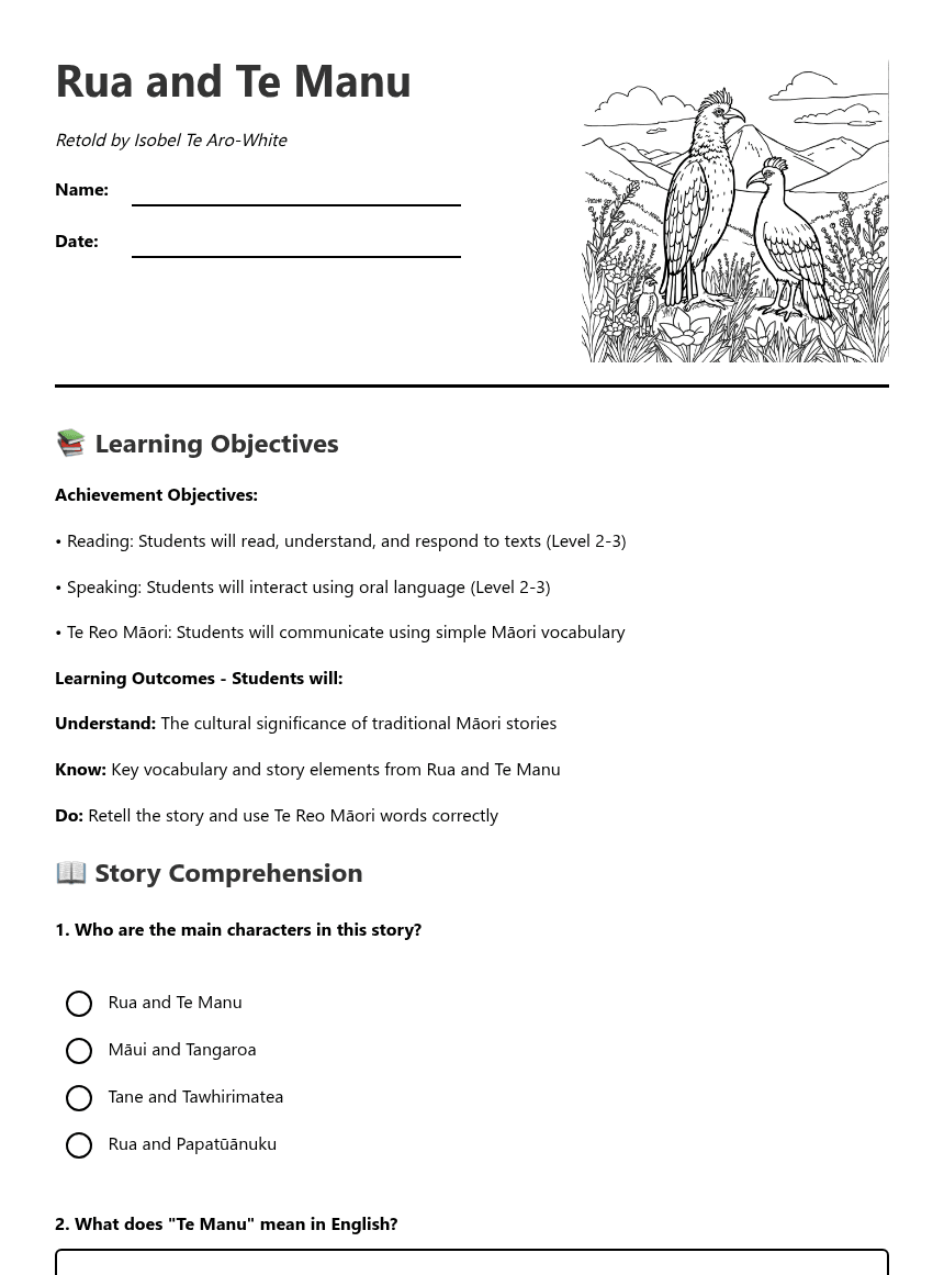 Rua and Te Manu worksheet preview